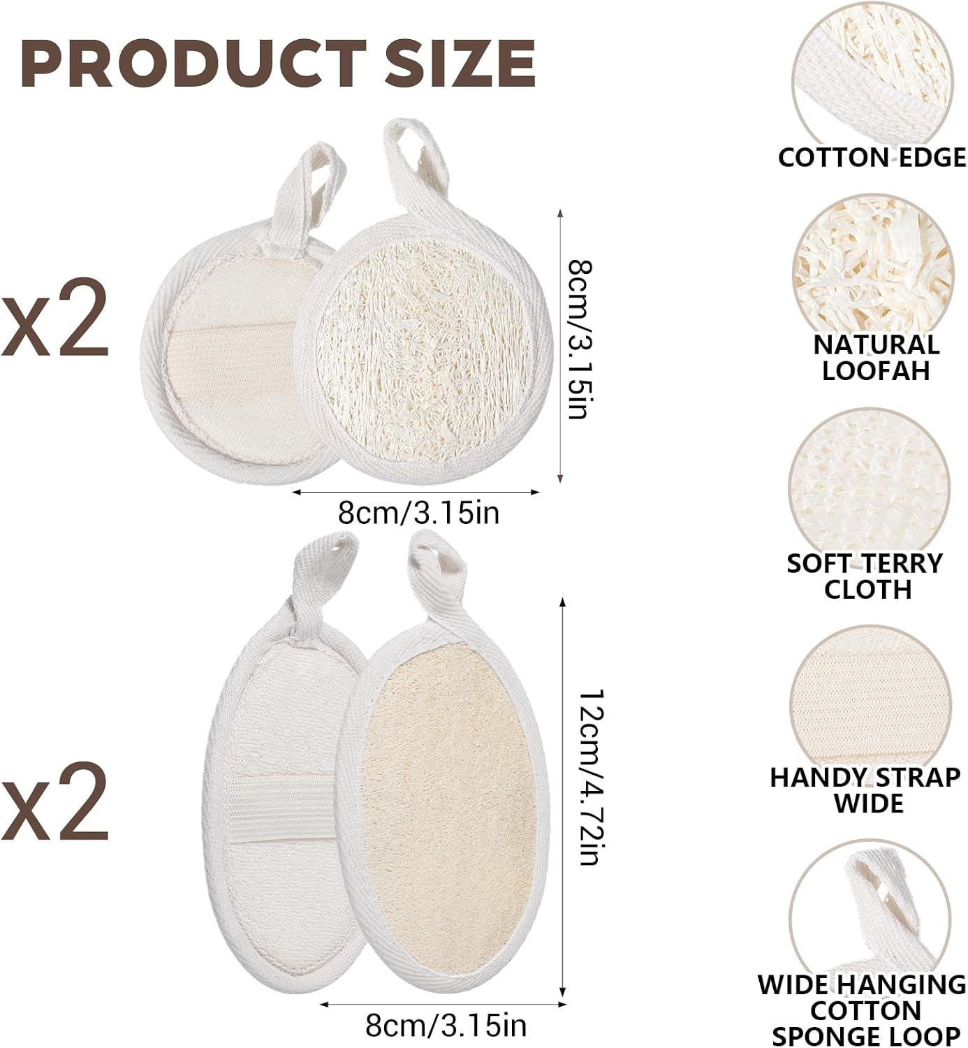 Nogeqi 4PCS Loofah Sponge Exfoliating Body Scrubber, Natural Shower Bath Loofah Exfoliating Sponge, Face Body Exfoliator Scrubber for Women Men Bath Shower, Eco-Friendly (2 Styles)