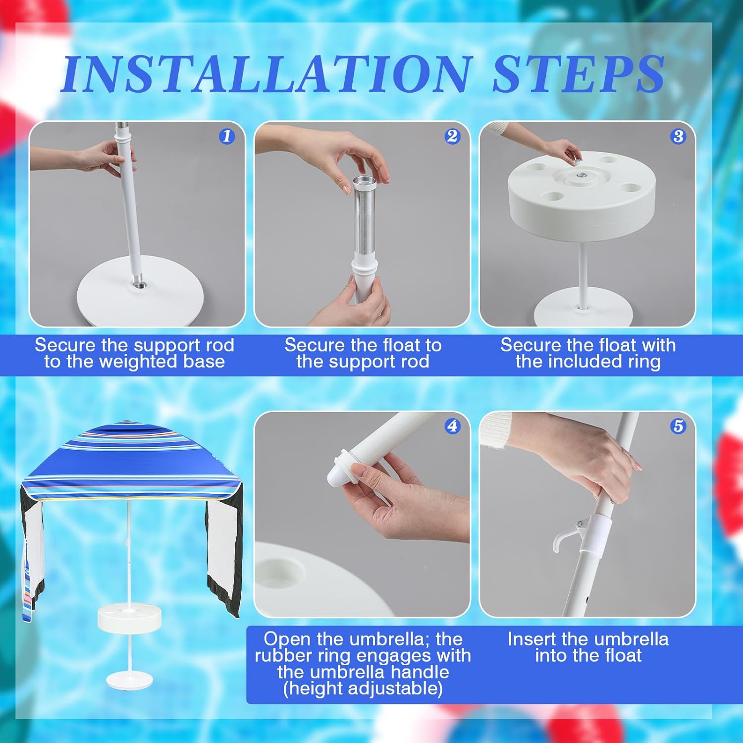 Floating Pool Umbrella with Table, 5 x 5 ft Pool Canopy with Cup Holders and Stable Base, Floating Sunshade for Patio Backyard Outdoor Use