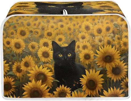 Cat Sunflower Printed Bread Machine Cover 4 Slice, Lightweight Toaster Oven Dust Cover Washable Kitchen Small Appliance Cover for Kitchen Home, Yellow and Black