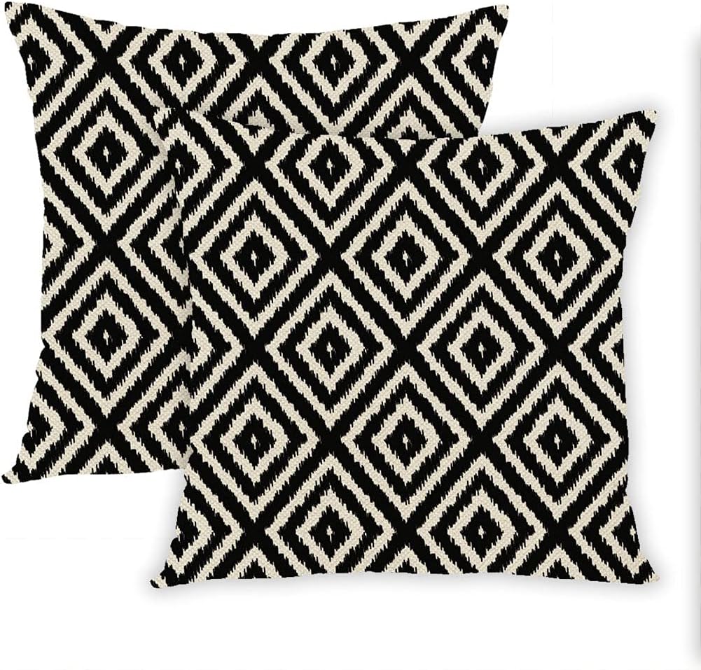 Plush Square Ikat Diamond Pattern in Black and Cream Hidden Zipper Home Sofa Decorative Set of 2 Throw Pillow Cover Cushion Case 26X26 Inch Design Printed Pillowcase