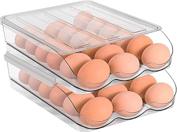 Sooyee 2 Layer Ramp Type Auto Rolling Egg Holder Storage Container for Refrigerator Organizer,Large Egg Container Bin,Clear