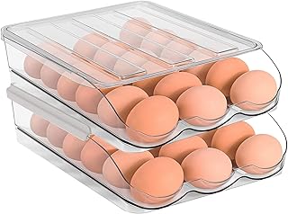 Sooyee 2 Layer Rolling Egg Holder Egg Storage Container for Refrigerator,Ramp Type Auto Roll Egg Organizer for Refrigerator,Large Egg Container Bin,Clear
