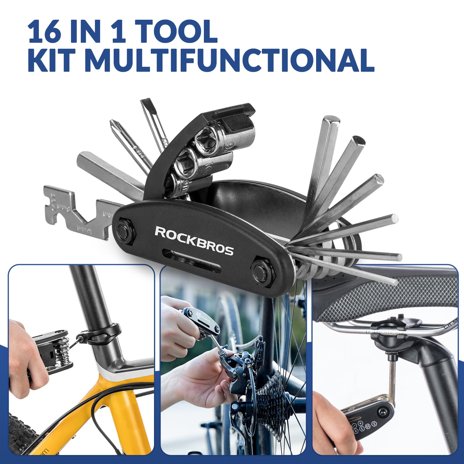 ROCKBROS Borsa da Sella Bici + Kit Riparazione 16 in 1, Borsa Sottosella Piccola Bicicletta, Stumento Multifunzionale Portatile, Adatto per MTB, Bici da Corsa, Ebikes