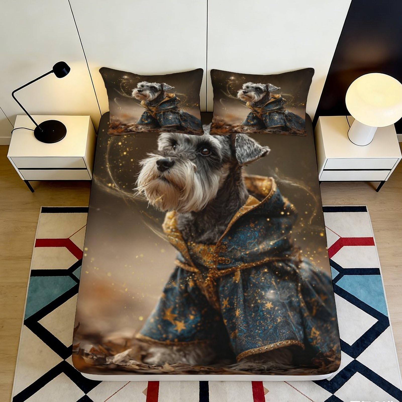 3D Printed Schnauzer Portrait Fitted Sheet Microfiber Soft Breathable Dog Costume Mattress Cover for Bedroom Decor 90x200x25cm