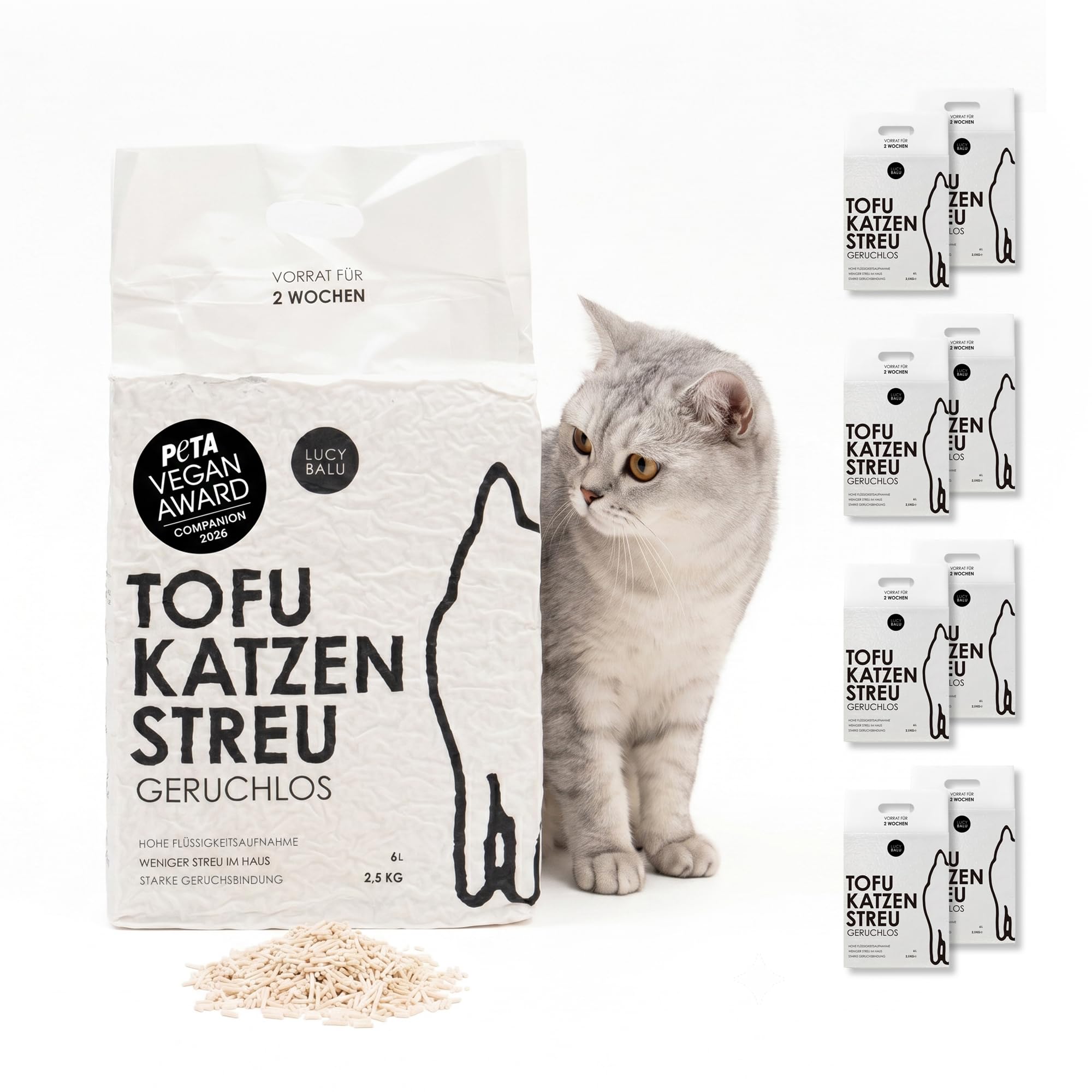 LucyBalu® TOFU Litière agglomérante pour chat - Faible poussière - Lavable - Sans parfum