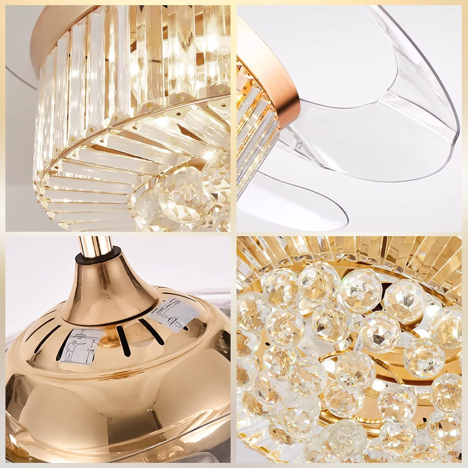 ONELLH Gold Crystal Ceiling Fan with Light and Remote Control, Modern Chandelier Fan with Retractable Blade 3 Speed 3 Light for Living room Bedroom 42 Inch (OL58)