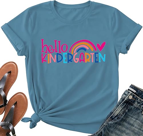 Teacher Shirts for Women-Hello Kindergarten Teacher Short Sleeves Teaching Life Shirt Rainbow Heart Tee Tops