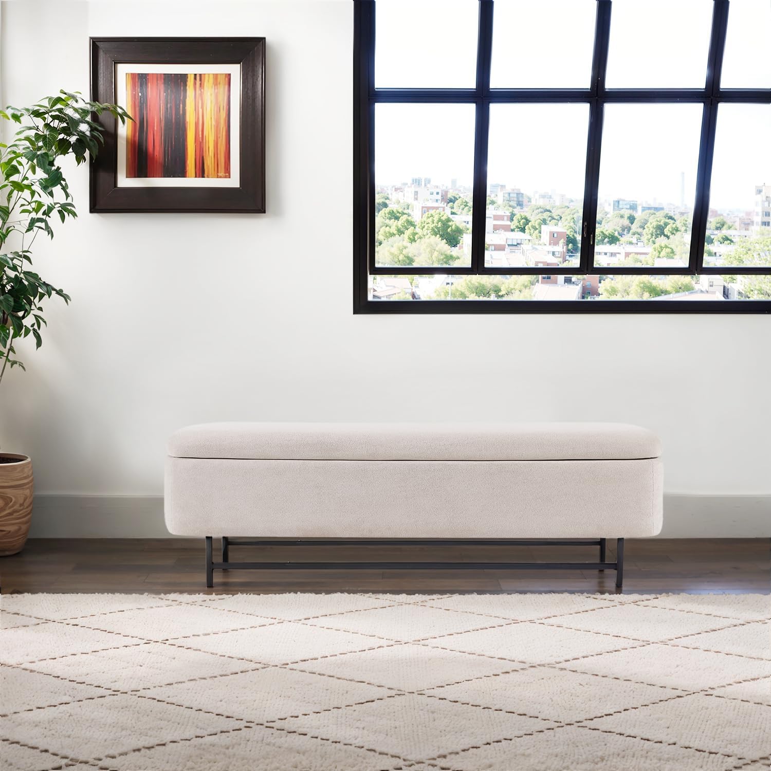 56" Boucle Storage Bench for Bedroom, Upholstered Teddy Ottoman Bench, Modern Extra Long Storage Bench for End of Bed/Entryway/Livingroom/Window (TAN)