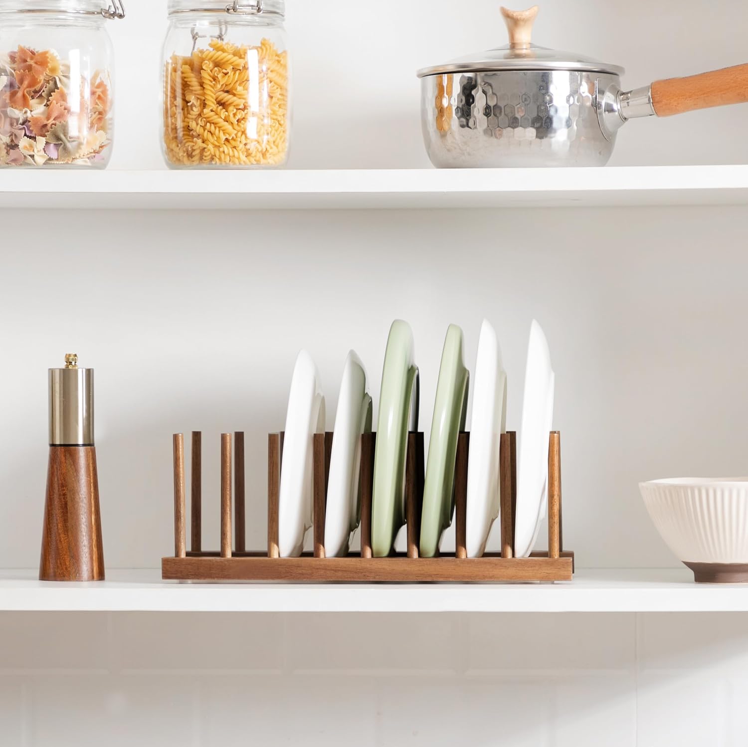 HBlife 4pcs Acacia Wooden Dish Dying Rack Pot Lid Plate Organizer Holder for Cabinet, Cutting Board Stand Drainer Storage Plate Rack for Dish, Pot Lid, Bowl, Cup, Cutting Board and Books