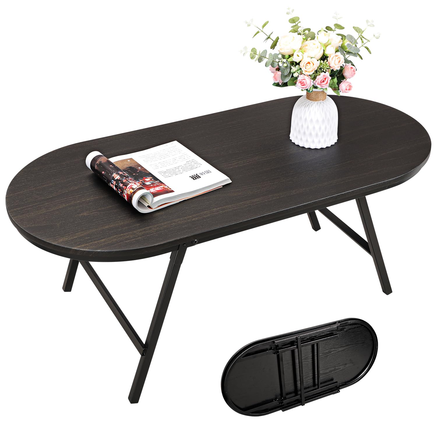 FEUFOAM Small Oval Coffee Table Wood and Metal Folding Low Coffee Tables with Safety Lock Portable Outdoor Table Floor Center Tables for Living Room Small Spaces, Black Gold