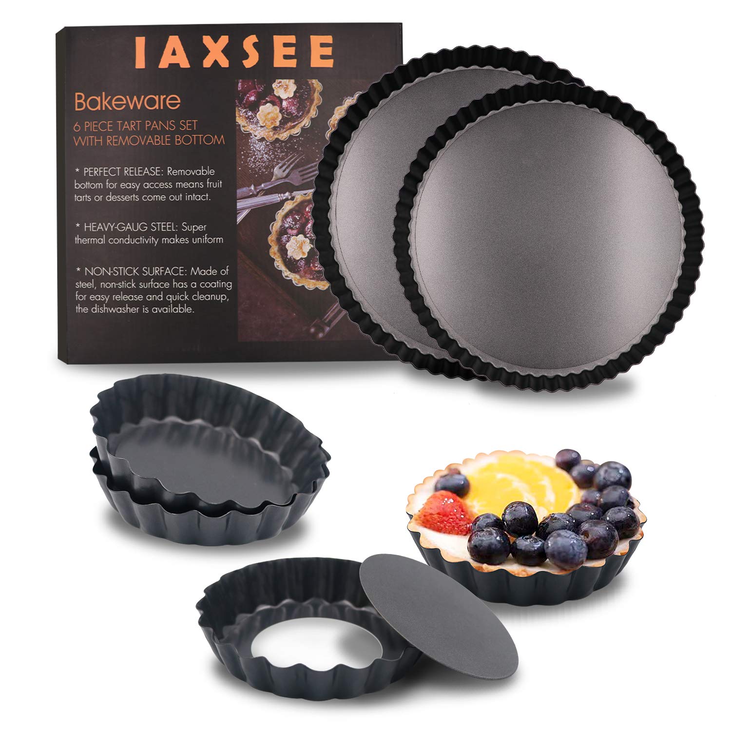10 Inch and 9.5 inch and 4 Inch 4 Pack Round Tart Pan with Removable Bottom Quiche Pan Non-Stick Baking Dish Pan Carbon Steel Pie Tart for Kitchen Cooking Baking