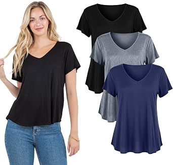 Azules 3 Pack Womens V Neck Short Sleeve T Shirts Soft Stretchy Loose Fit Casual Tee, Breathable Plus Size V Neck Tops