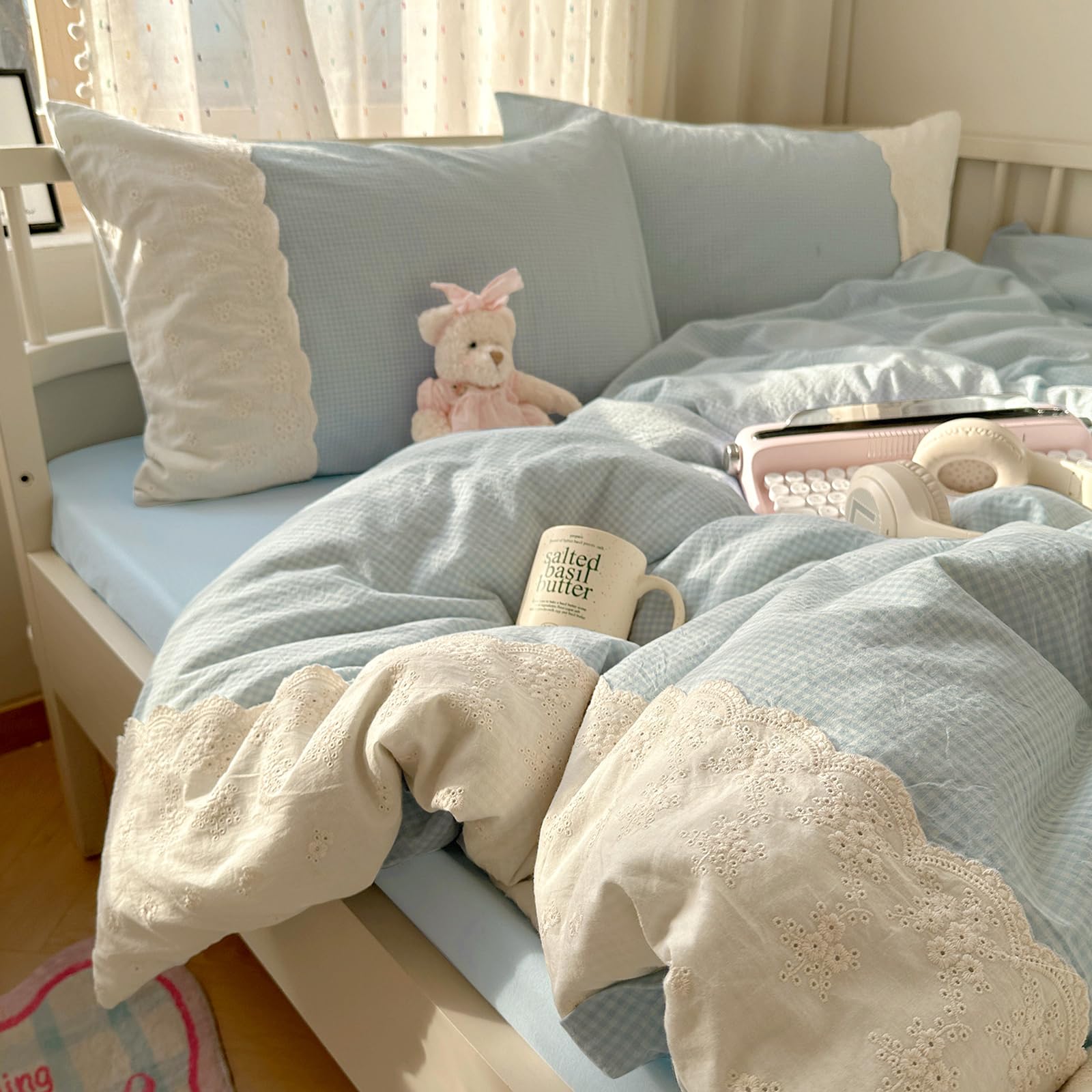 Blue Gingham Duvet Cover Queen 3 Pieces Blue Plaid Comforter Cover with Chic White Lace Soft Microfiber Checkered Grid Duvet Cover with 2 Pillowcases Breathable Gingham Plaid Bedding Set — image 1