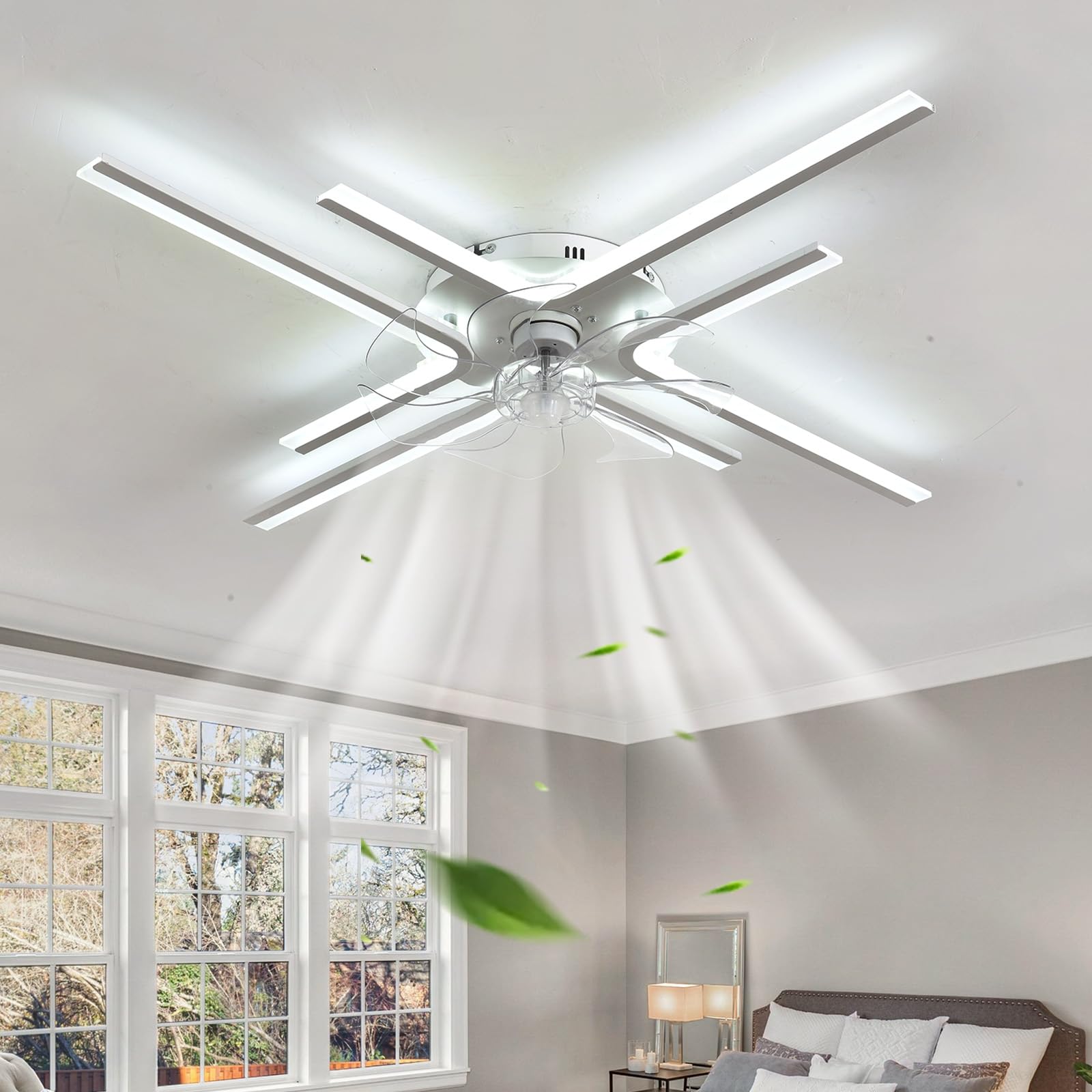 ZOMLBOF Large Fan Light with Remote Control, Dimmable Chandelier Ceiling Fans with Lights with 6-Speed Reversible Modern Ceiling Fan Light Memory Bedroom Living Room, White 86CM