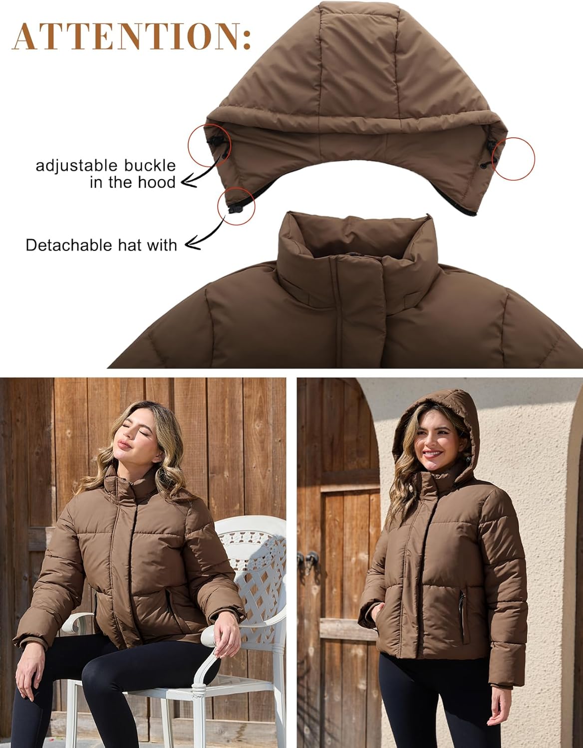 PEHMEA Women's Winter Cropped Puffer Jacket, Full Zip Thicken Short Coat with Detachable Hood - Image 5