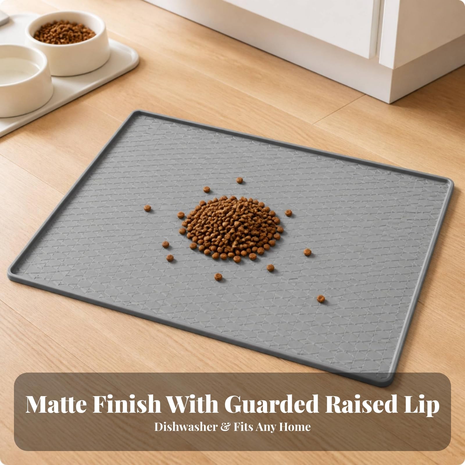 Tapis Repas avec Rebords, Gris Foncé Noir, 65 65 | Surface Texturée Géométrique, Tapis Gamelle avec Rebords, Accessoire, pour Sol, Chiens
