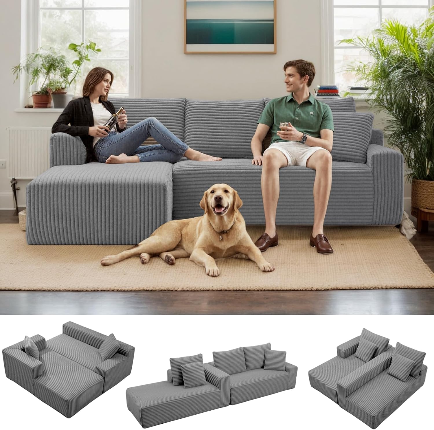 MEISIMAN 106'' L Shaped Couch, Deep Seat Sofa Cloud Couch with Chaise & Pillows, Modular Sectional Sofa - Cloud Sectional Couches for Living Room and Bedroom, No Assembly Required, Grey