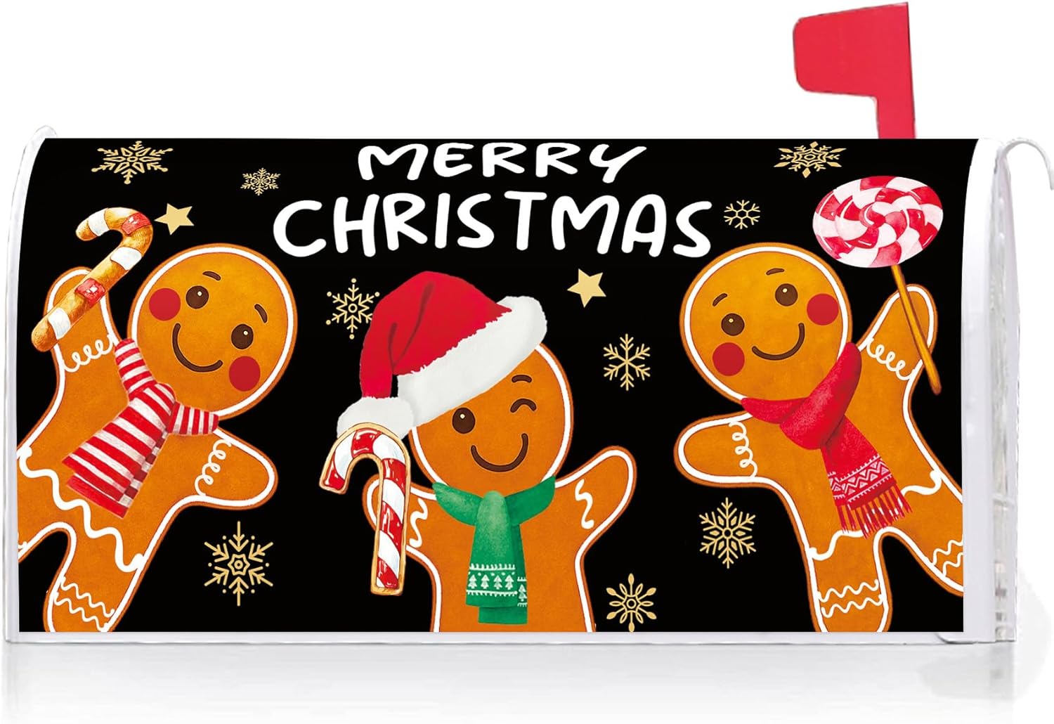Texupday Merry Christmas Gingerbread Man Mailbox Cover with Magnetic Strip Winter Xmas Peppermint Candy Mailbox Wraps Post Letter Box Cover Standard Size 21" X 18" for Garden Outdoor Yard Decor