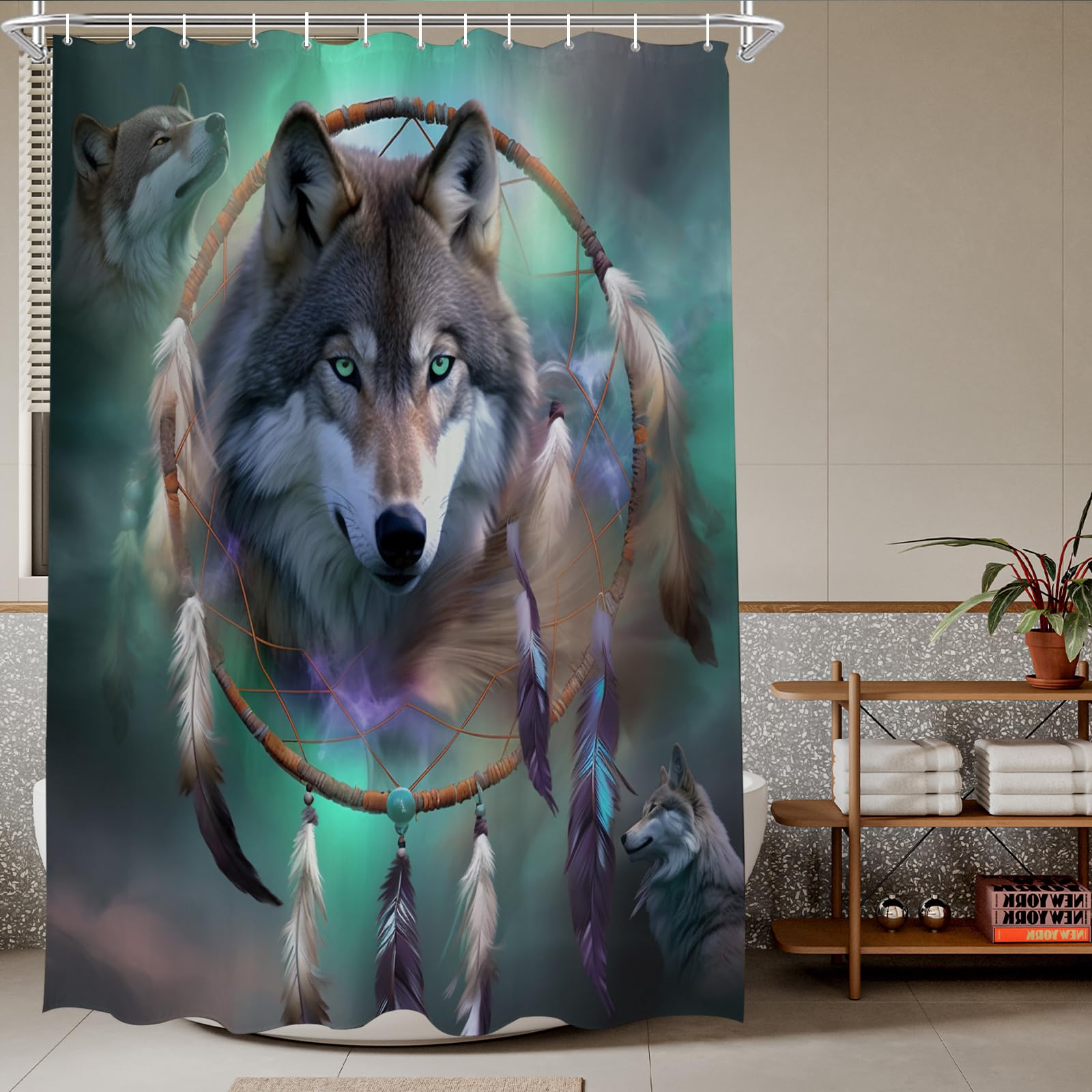 Wolf Dream Catcher Shower Curtain Native American Theme Cloth Fabric Bathroom Decor Sets with Hooks Waterproof Washable 72 x 72 inches Teal and Brown