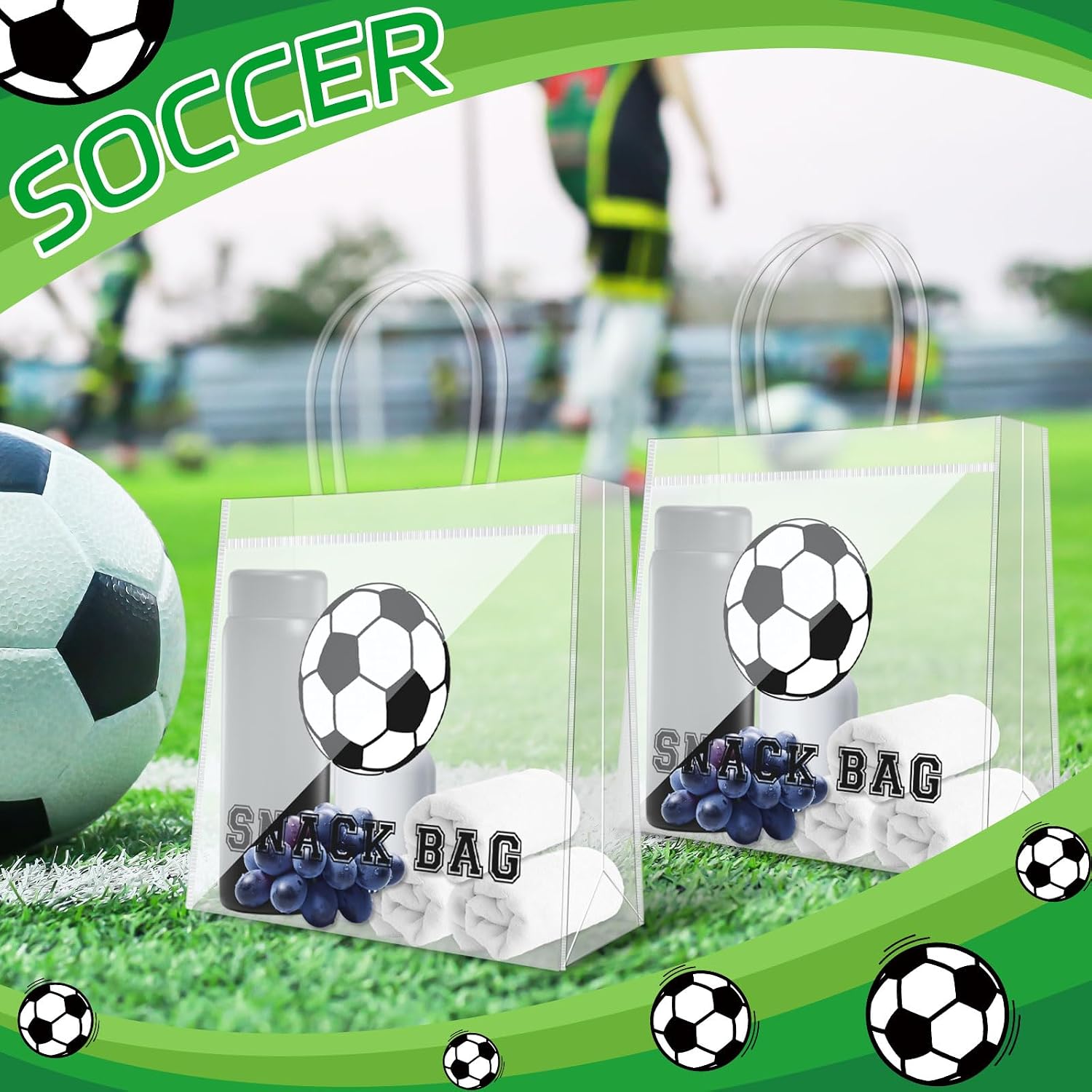 Demonwer 12 Pcs Black Soccer Snack Bags with Handles Clear PVC Goodie Treat Candy Bags Reusable Sport Party Favor Bag for Team Birthday Gifts 8×8×3.2 Inch image 4