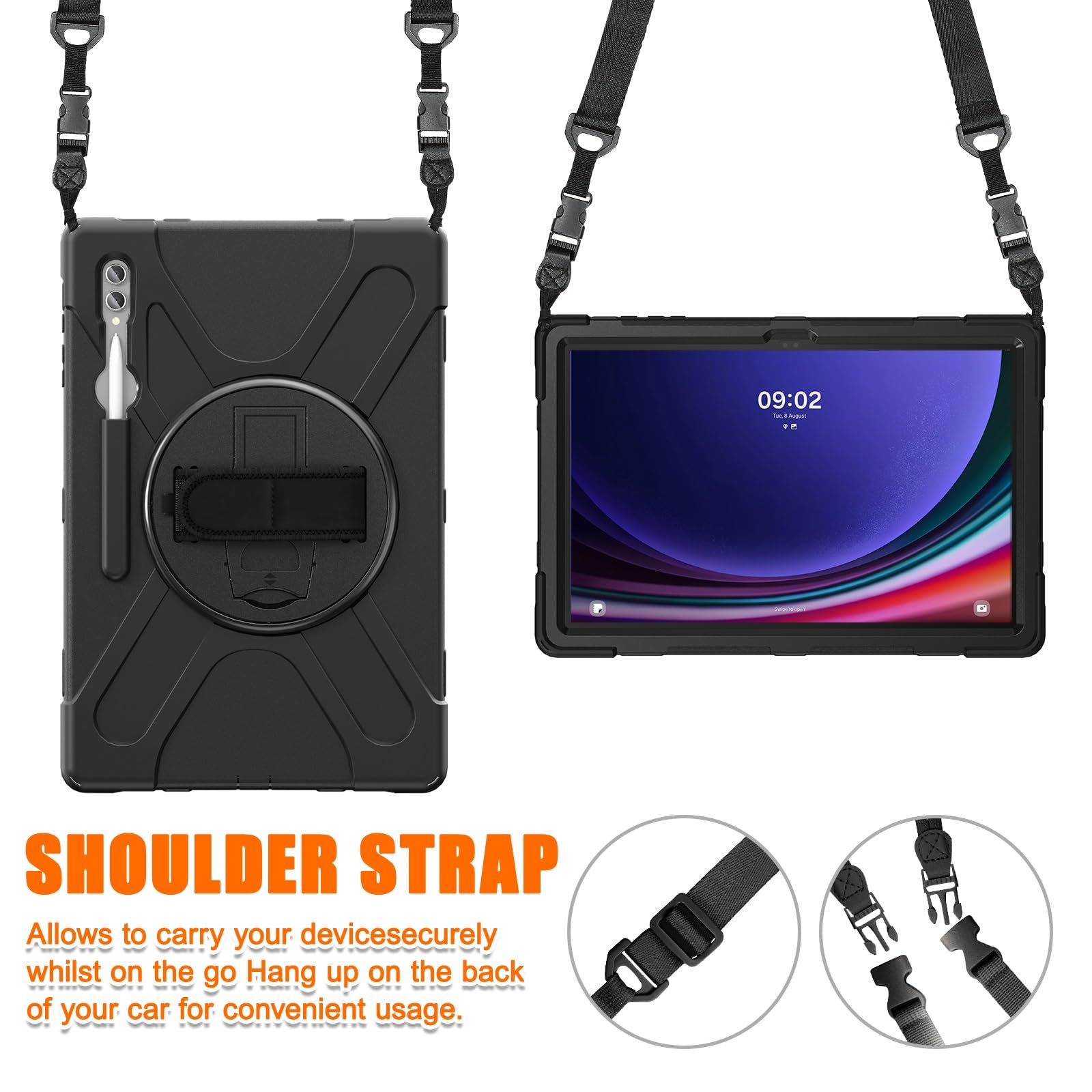Kompatybilny z etui Samsung Galaxy Tab S9 Ultra 14,6 cala 2023 SM-X910/X916B/X918U Etui uchwytem na długopis, wytrzymałe, odporne wstrząsy chroniące przed upadkiem Osłona paska ramię dla dzieci(Noir)