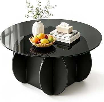 27.6" Round Glass Coffee Table for Living Room Mid Century Modern Coffee Table Unique Circle Center Tables with Wood Base