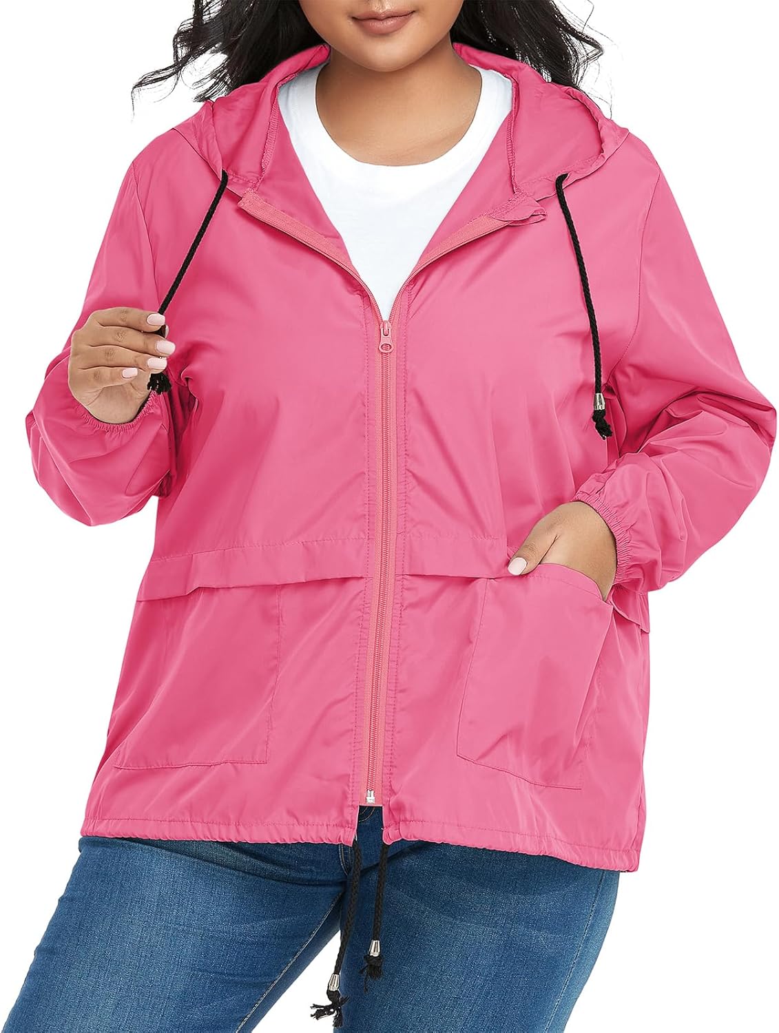 American Trends Women Plus Size Light RainCoat Jackets Packable Hooded Waterproof Windbreaker for Women - Image 4