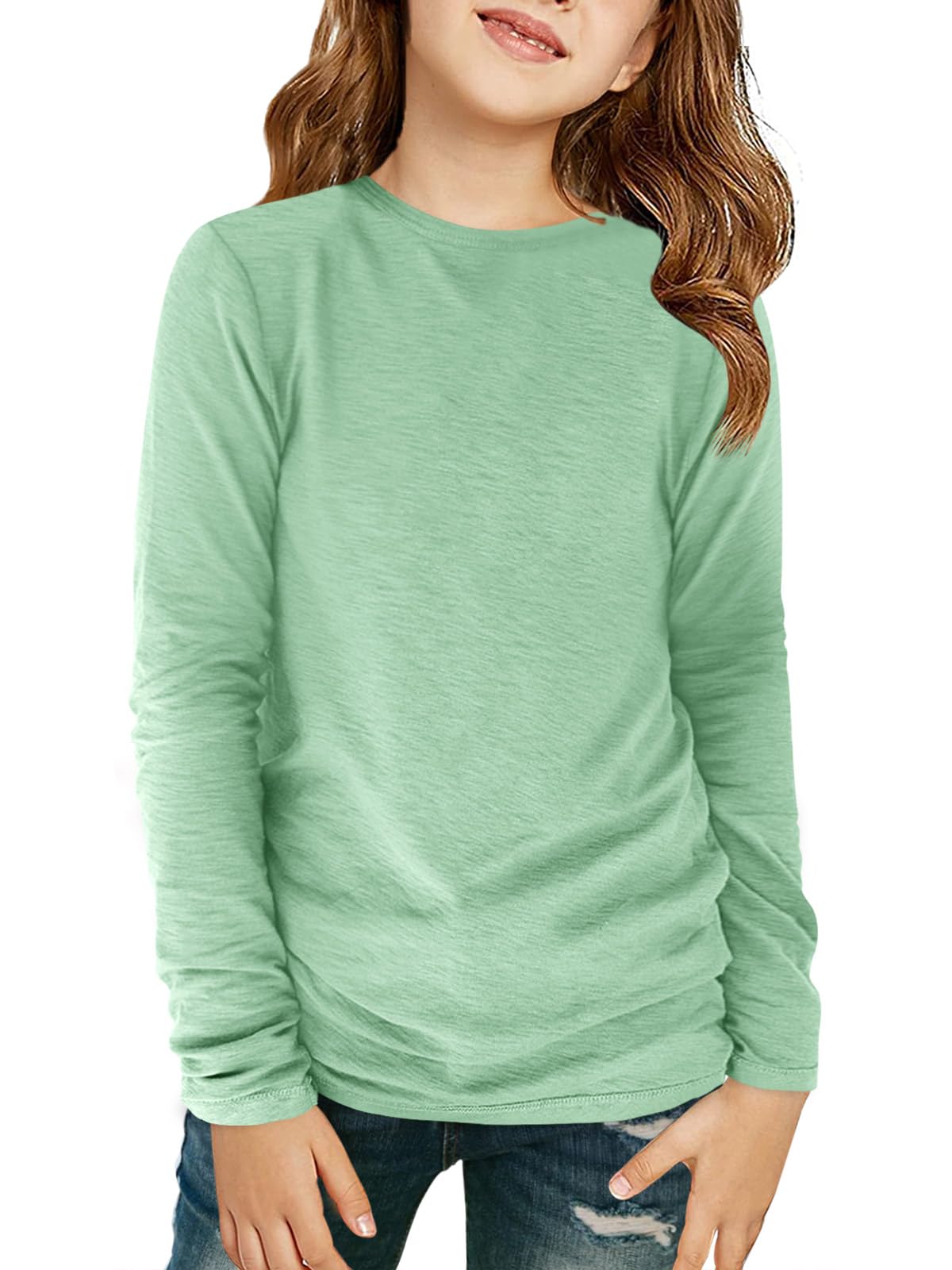 Haloumoning Girls Long Sleeve Crewneck T-Shirts Fall Tops 5-14Y | Solid Color Tees,Fashion Clothes