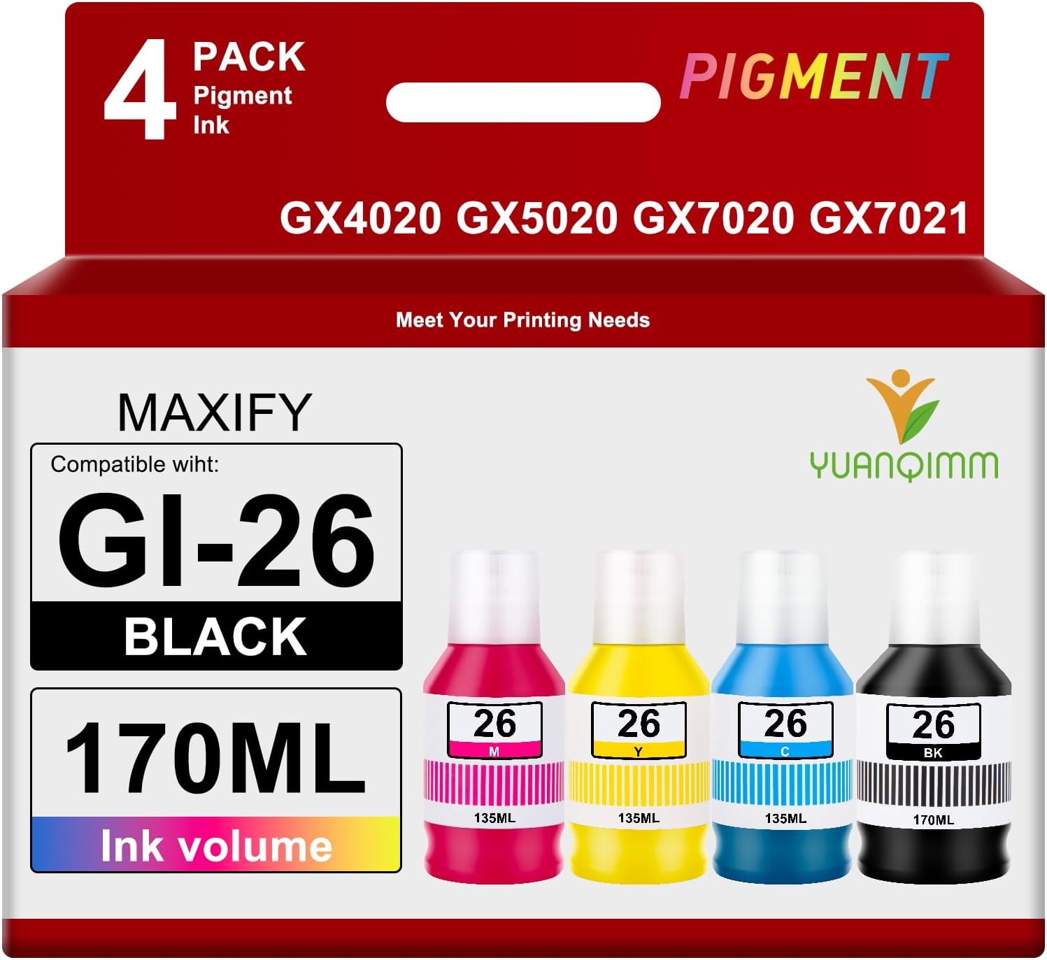 170ml Pigment GI-26 GI26 Ink Refill Bottles Replacement for Canon 26 GI-26 ink bottles for Canon MAXIFY GX7021 printer ink refill GX4020 ink refill GX3020 GX5020 GX6020 GX7020 GX60210 Printer GI 26-4PACK