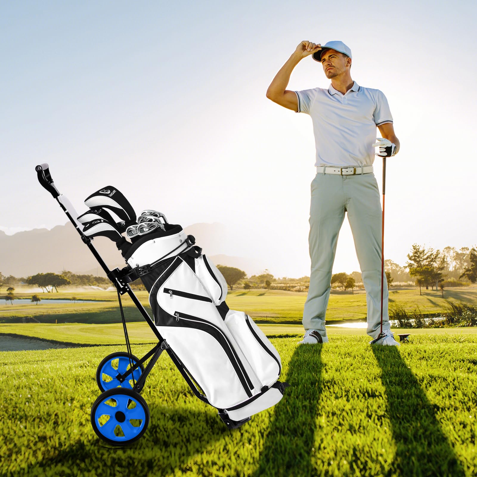 COSTWAY Chariot de Golf à 2 Roues Pliable avec Emplacement pour 4 Tees, 4 Balls et Tableau de Score, Caddie de Golf Multifonctionnel Facile à Ranger et Transporter avec Design Compact