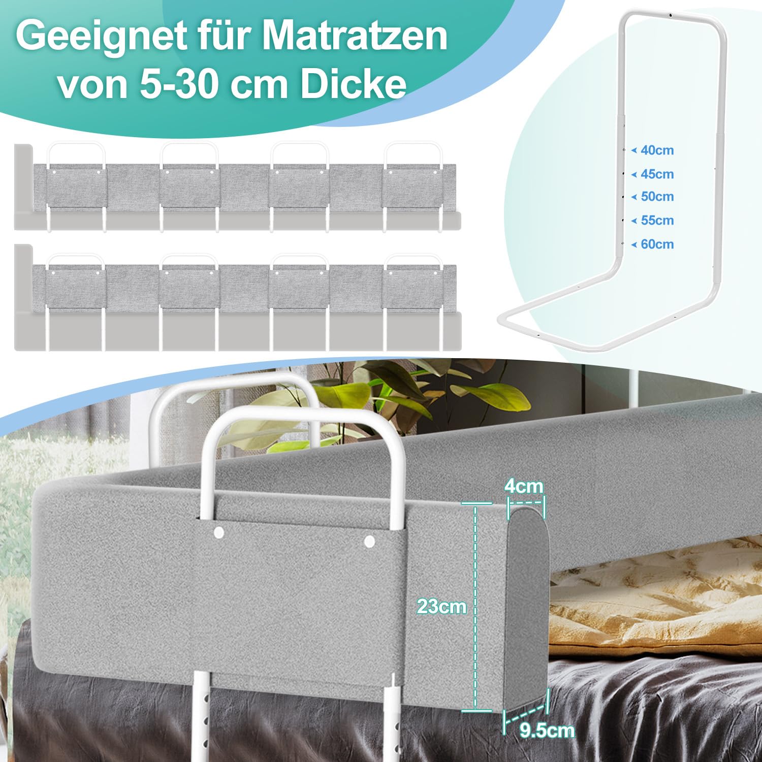 Bettgitter Bettschutzgitter 200 cm, Rausfallschutz für Kinderbett und Familienbett, 5-Fach höhenverstellbar 40-60 cm, biegsames weiches Bettgitter mit 4 Halterungen, Grau