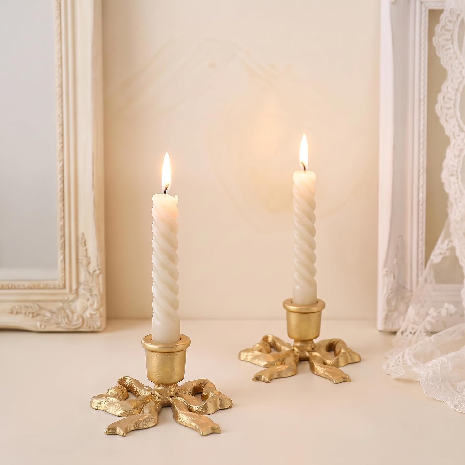 Gold Bow Taper Candle Holders Set of 2, Vintage French Iron Table Decor