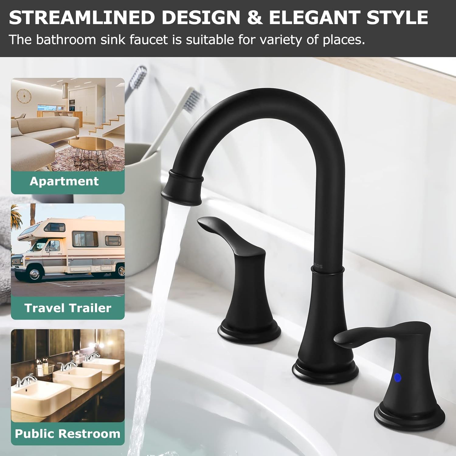 Black Widespread Bathroom Faucet with Metal Pop Up Drain & Faucet Supply Hoses by PARLOS - Image 7