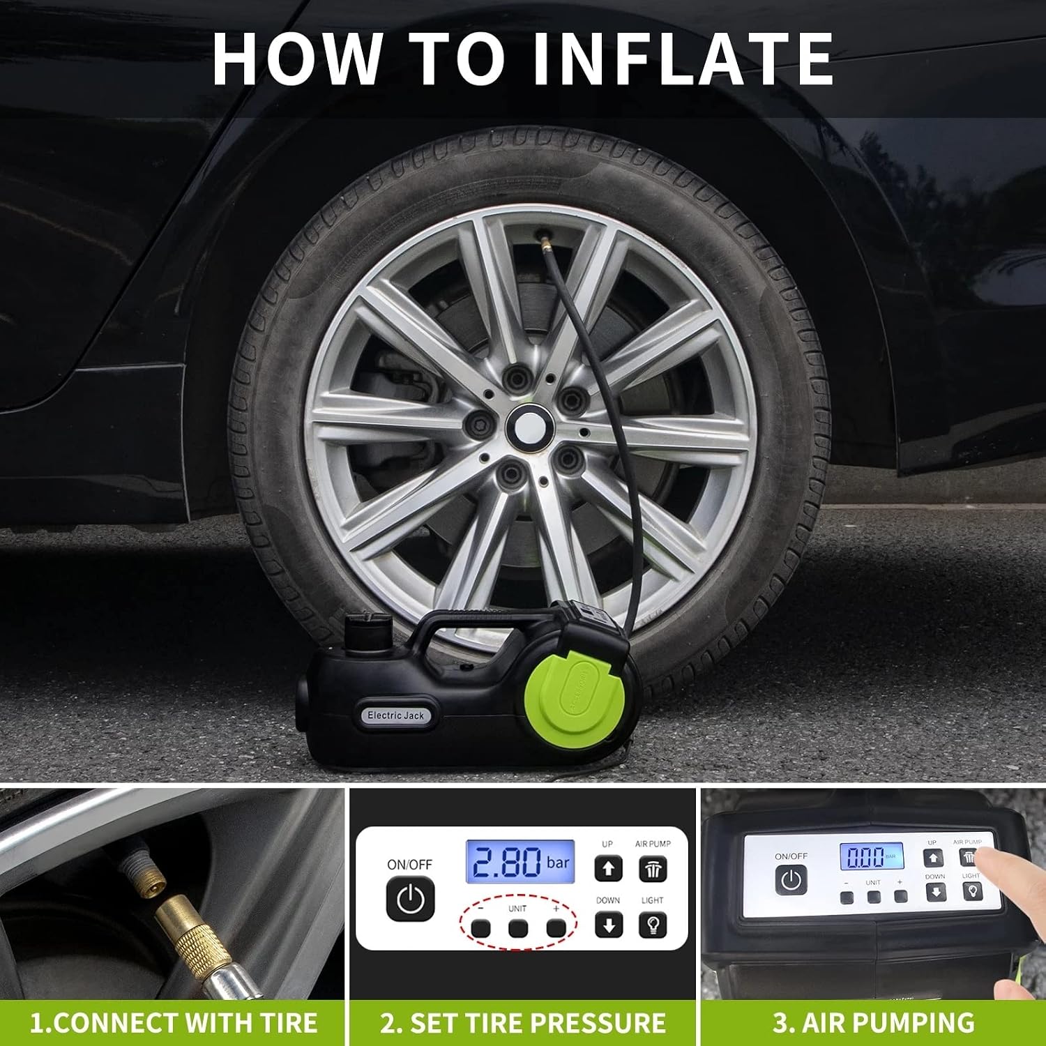 12V 5Ton 4 in 1 Electric Car Jack Portable Hydraulic with Impact Wrench Tire Compressor LED Light(155-450mm)
