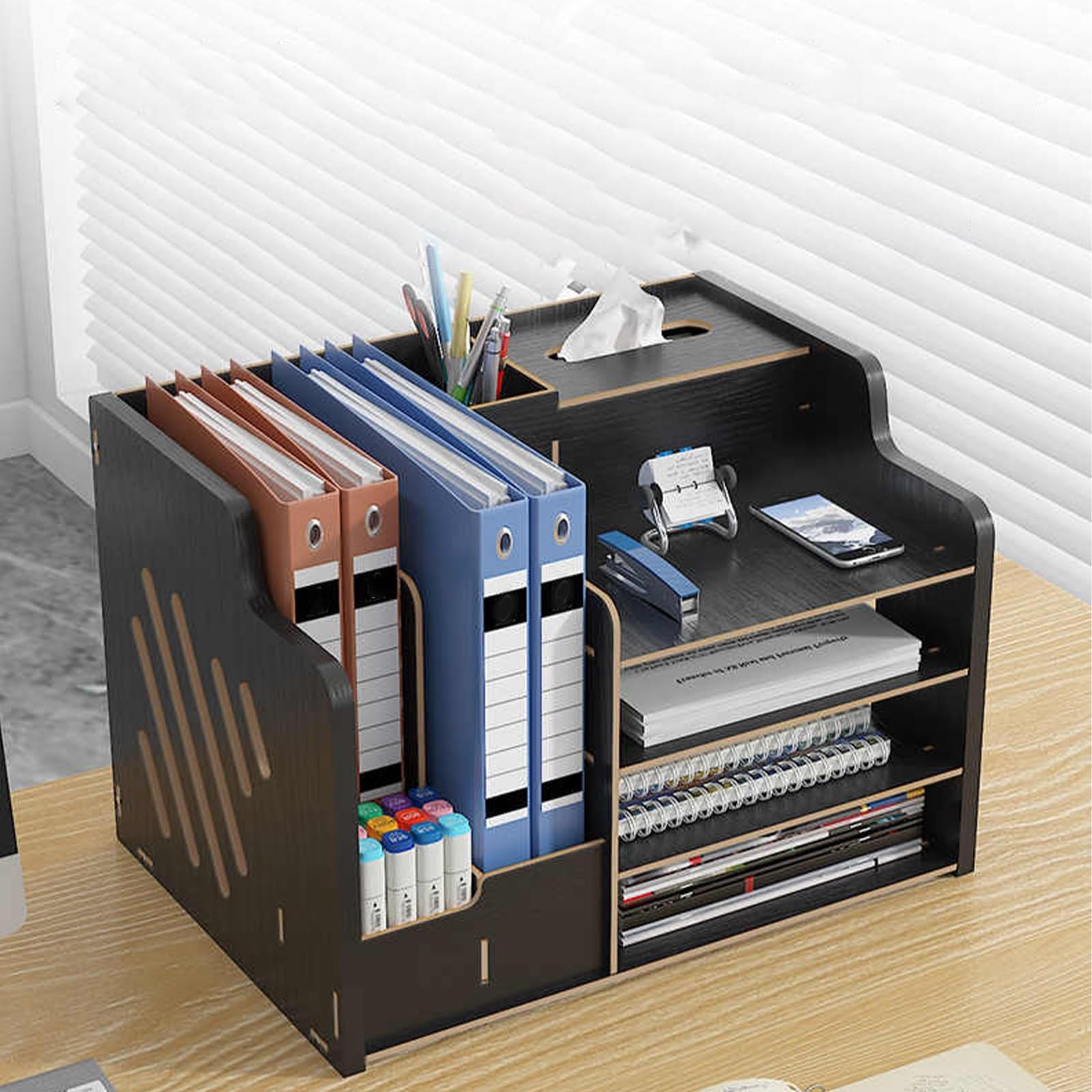 Organizer Scrivania Legno, Multifunzione Organizer da Scrivania, con Scomparti Organizzatore Ufficio, Porta Penne per Scrivania Multifunzione(Light brown)