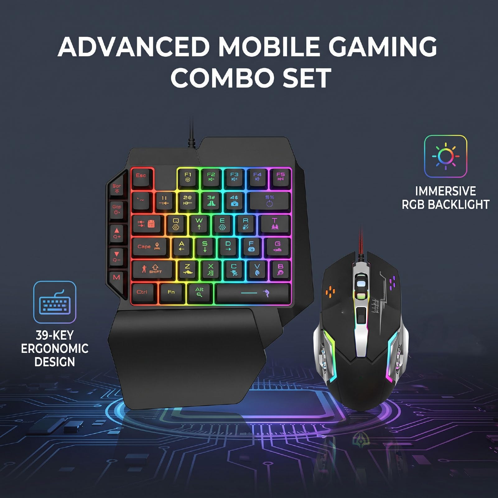 Annadue Combo de Teclado y Mouse para Juegos RGB con una Mano