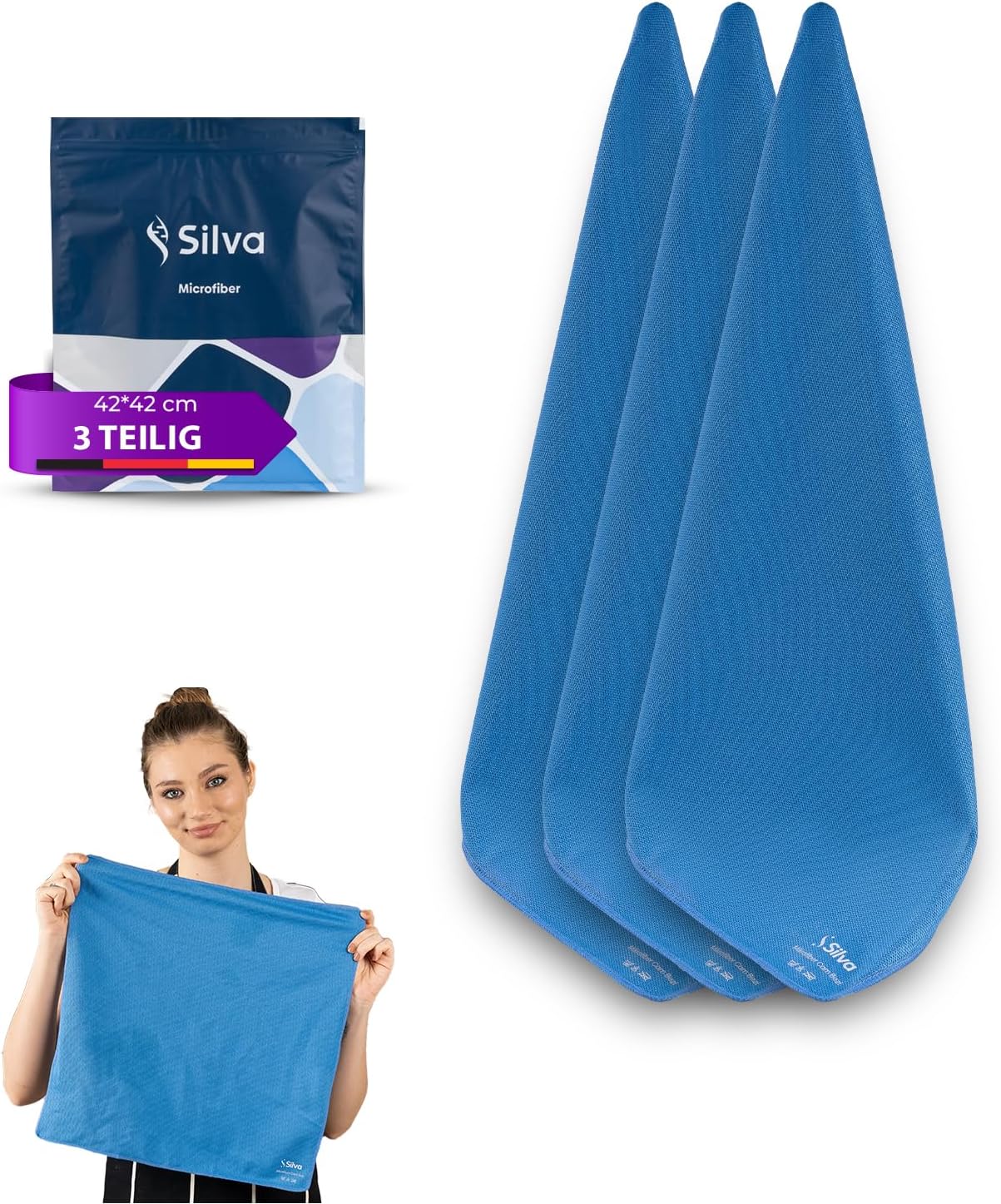 Silva 3-Pack Premium Microfiber Cleaning Cloths – Streak-Free Window & Mirror Wipes – Lint-Free Towels for Kitchen, Home & Car – Extra Thick Magic Rags – Blue