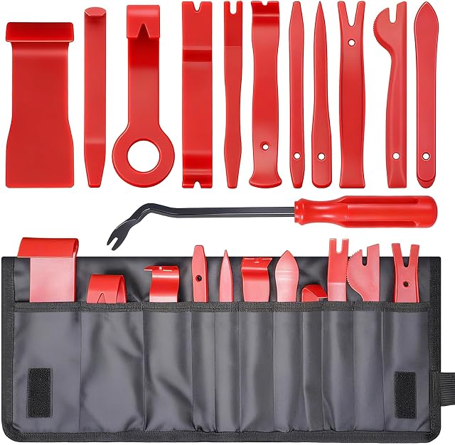Menbyci 12 Pack Car Trim Removal Tool Kit with Canvas Bag, Panel Door Window Audio Pry Tool Kit, Auto Clip Pliers Fastener Terminal Remover, Push Pin Puller, Dashboards, Car Upholstery Repair Tools