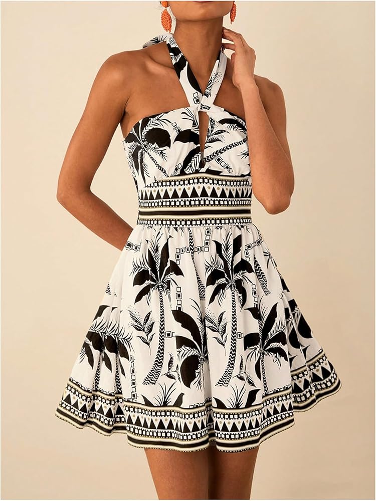 floerns women's sleeveless halter neck vintage floral print maxi dress Floerns Women's Floral Print Sleeveless Halter Neck Tie Back Summer A Line  Dress Black X-Small at Amazon Women's Clothing store