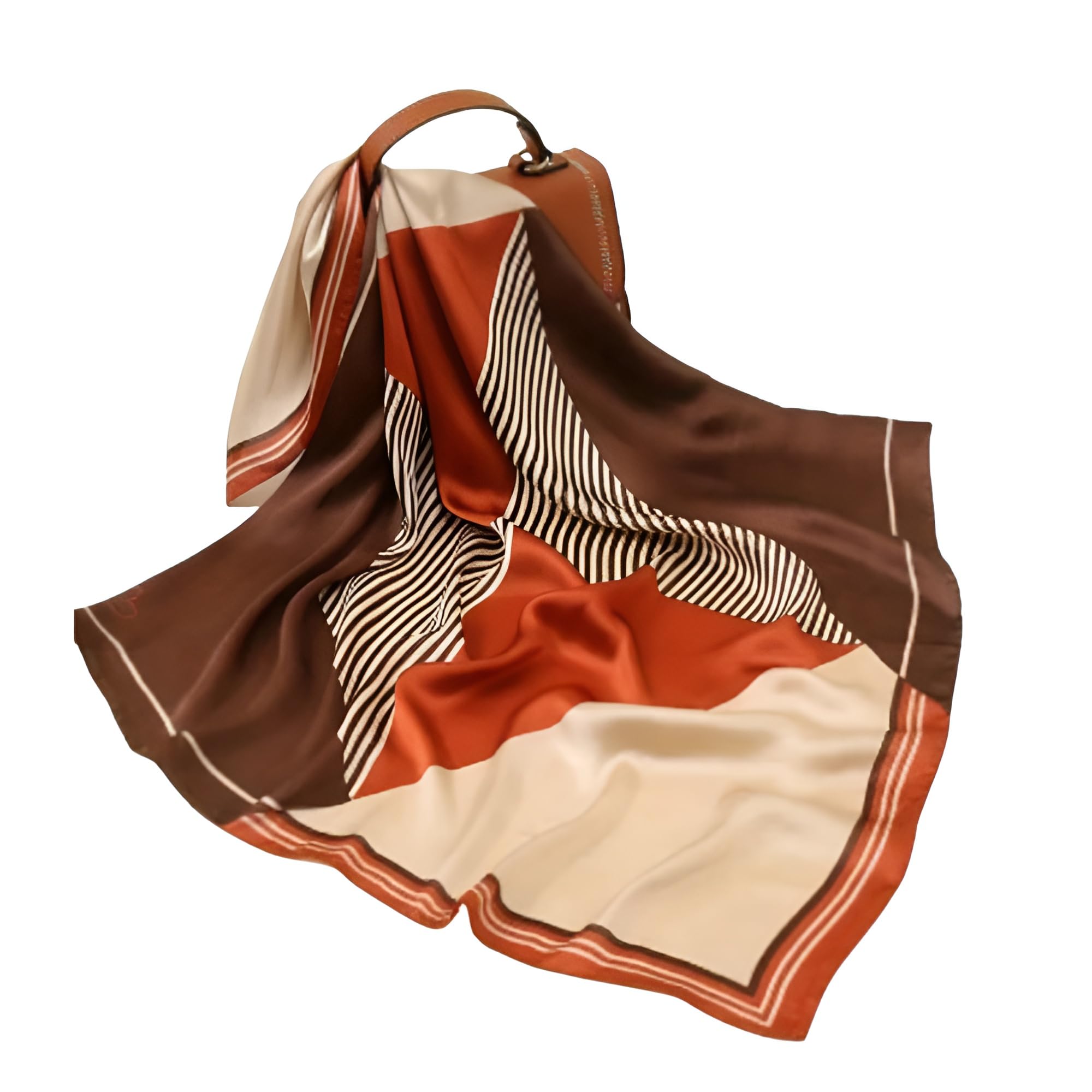 Silk Scarf, Brown Orange Beige, Geometric Striped Pattern, Square Neck Wrap, Fashion Accessory-image-12