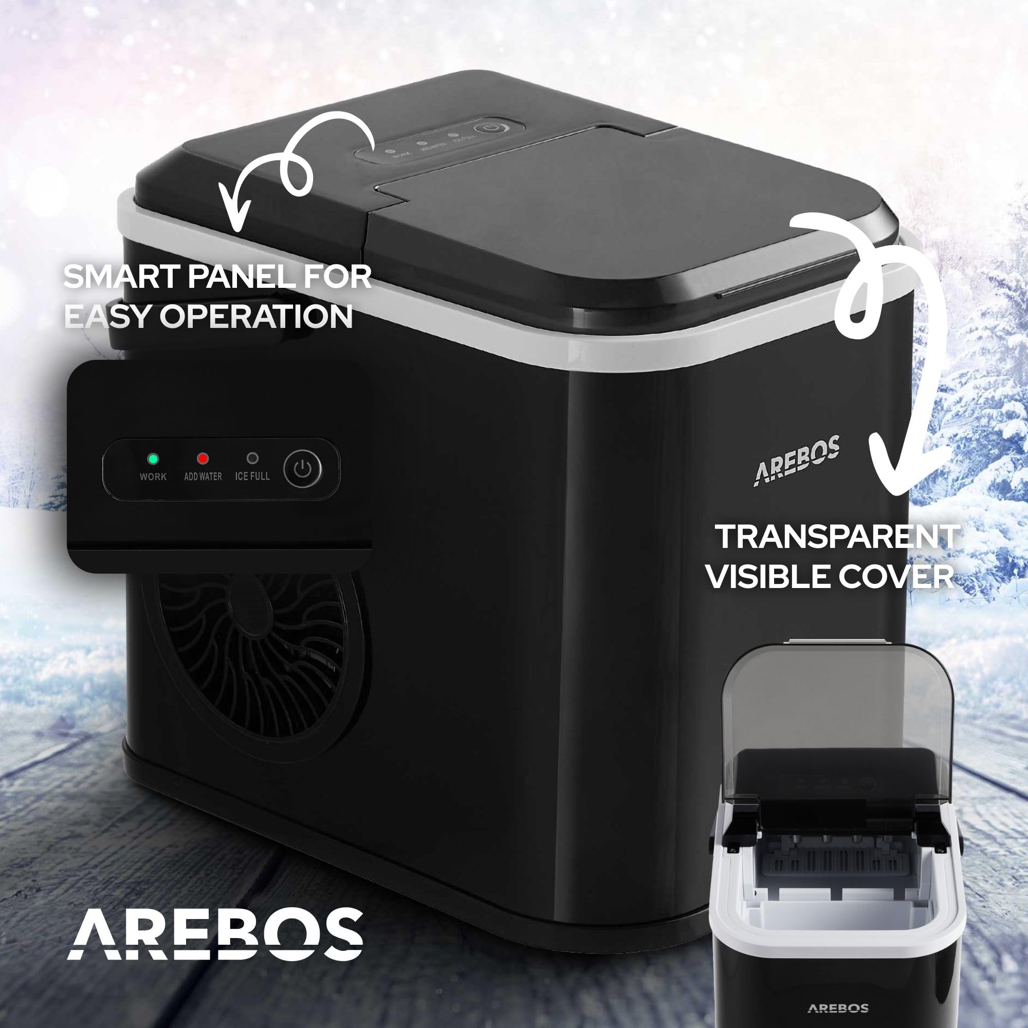 Arebos Fabbricatore di cubetti di ghiaccio | 12 kg / 24 h | Tempo di produzione di 10-15 minuti | Serbatoio dell'acqua da 1,1 litri | Silenzioso | Funzione autopulente | Nero