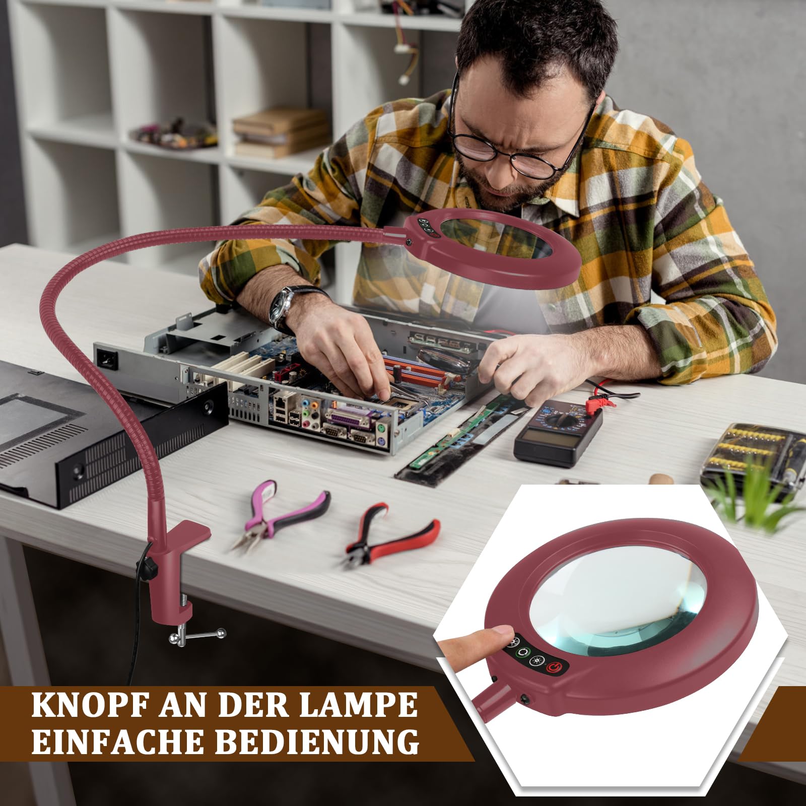 Veemagni 12X Lupe mit Licht und Klemme, Echtes Glas Lupenlampe, 5 Farbmodi Stufenlos Dimmbare, 23 Zoll Flexibler Schwanenhals Ständer Tischlupe mit Beleuchtung, LED Lupenleuchte für Lesen Hobby Rot