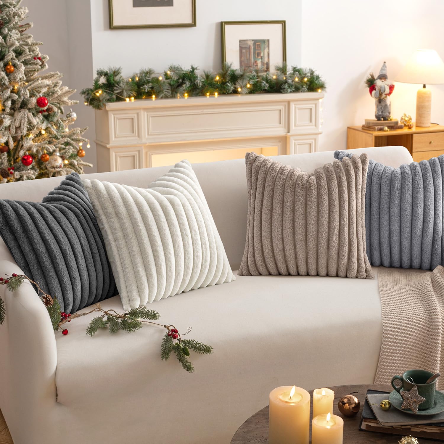 MIULEE Plüsch Kissenbezug 40x40 kuschelkissen flauschig kuschel Kissen Kissenbezüge Fell Sofakissen Dekokissen 4er Set Kissenhülle Kunstpelz Weich Waschbar Deko für Couch Serie Graubraune