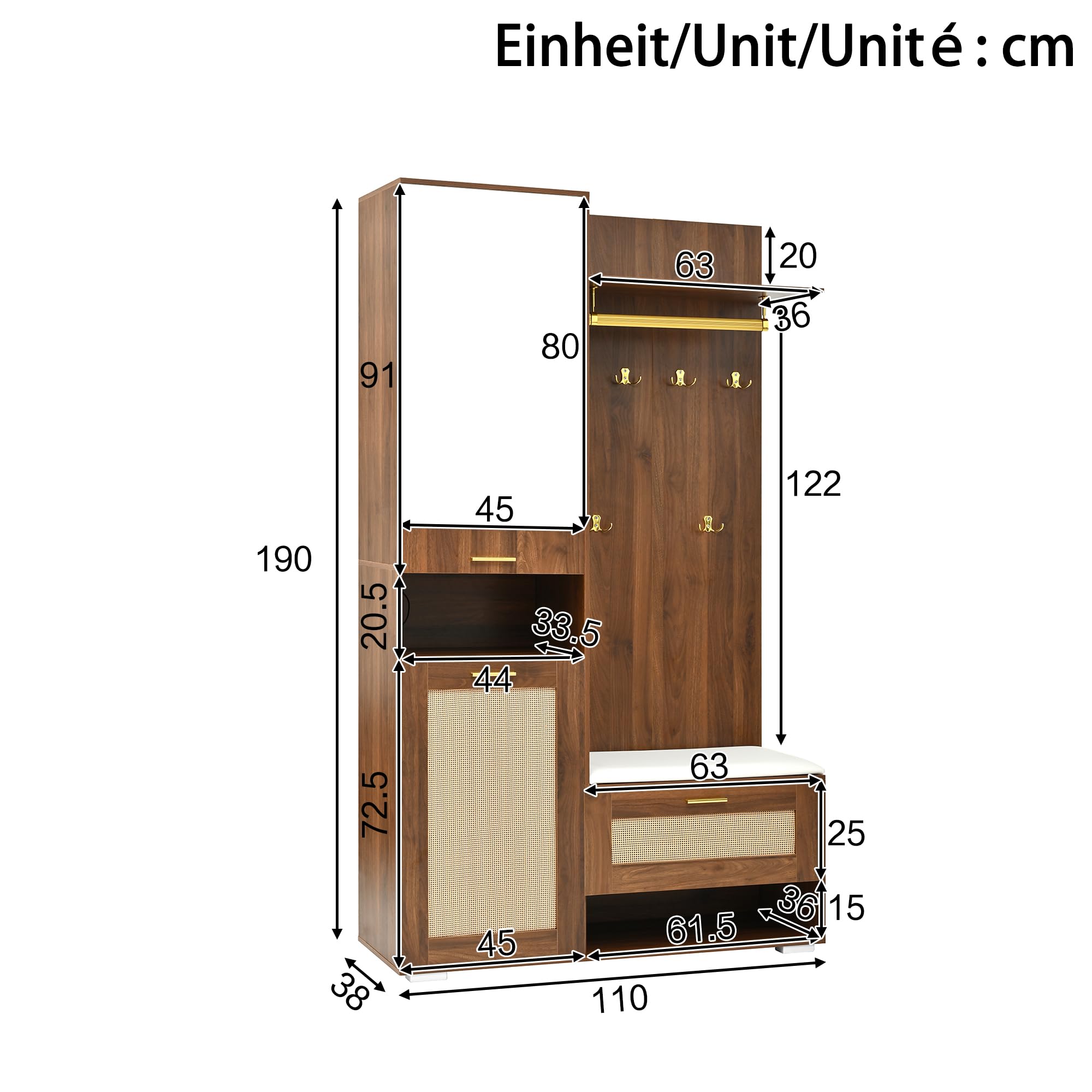 Juego de Perchero Mueble Recibidor Entrada con LED y 6 Ganchos, Conjunto de Perchero Entrada Recibidor con Espejo y Banco Almacenaje, Muebles Percheros con Estante, 110x38x190 cm, Blanco+Nogal
