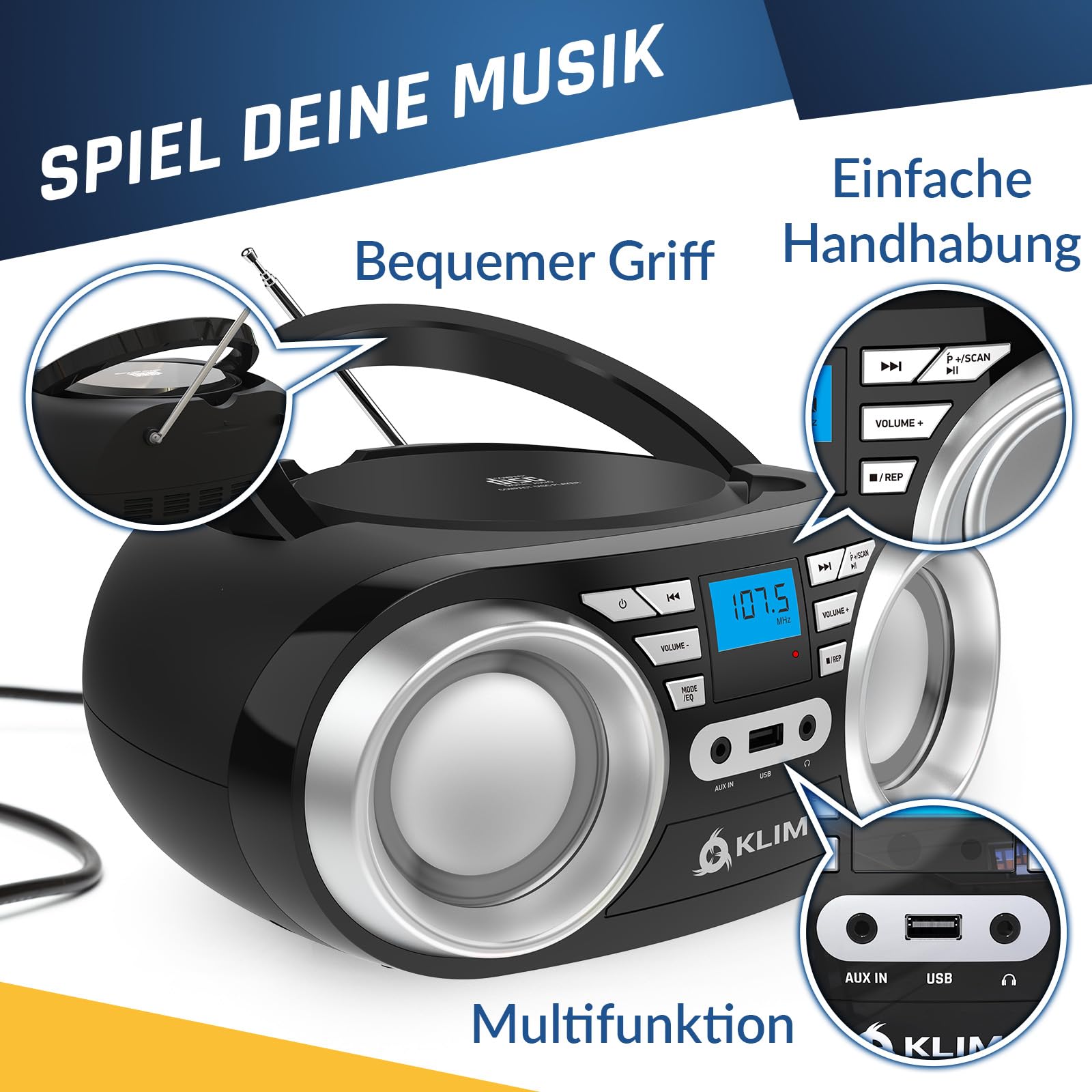 KLIM B3 Tragbarer CD Player Bluetooth Boombox mit FM-Radio, Bluetooth, USB und AUX - Hochwertige Dual-Lautsprecher, EQ-Soundeffekte, 20 Voreingestellte Sender, Kompakt und Leicht | CD Player Tragbar