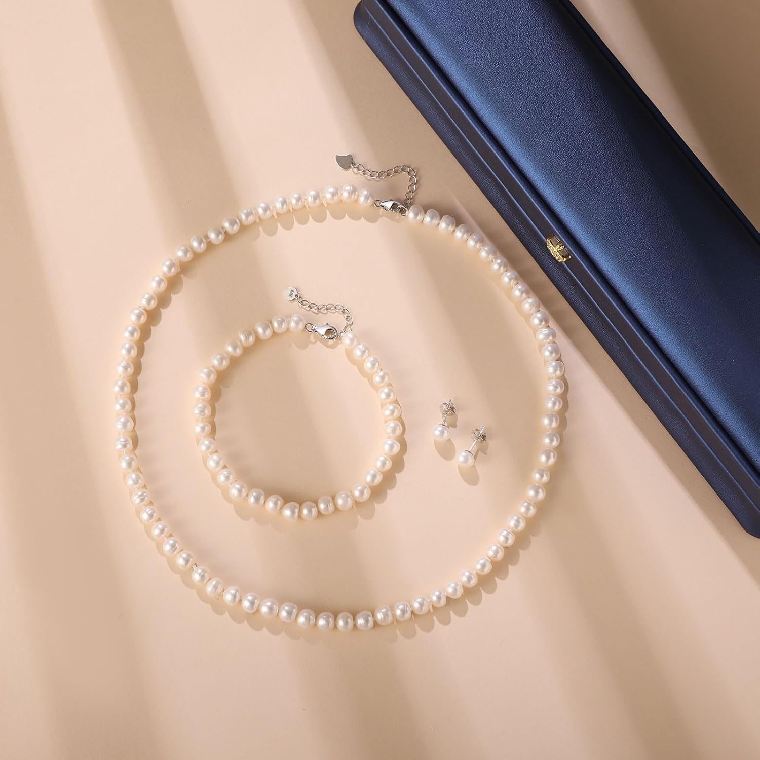 Freshwater Cultured Pearl Jewelry Set, Necklace & Earrings & Bracelet Set for Women, Pearl Strand Necklace with 925 Sterling Silver Clasp, Elegant Jewelry Gift for Mother's Day, Anniversary, Birthday, Wedding - 18+2 Inch - Image 6