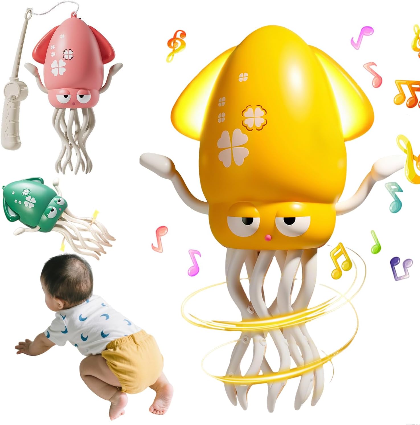 Magic Dancing Octopus Toy with LED Lights & Music – Interactive Crawling & Walking Toy, Auto Obstacle Avoidance, USB Rechargeable, Fishing Game Included – Fun Gift for Kids Ages 3-6 Years (Yellow)