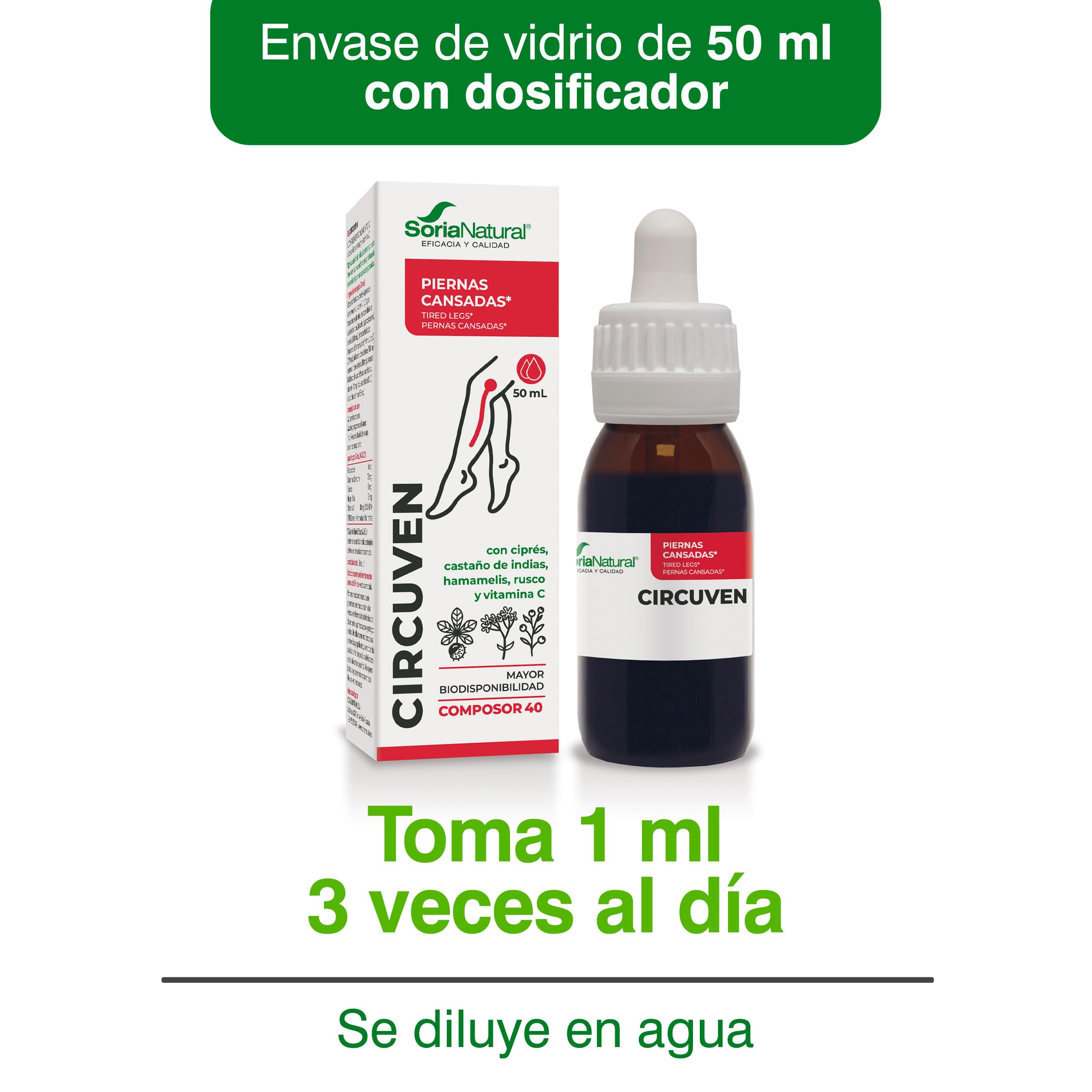 Soria Natural Composor 40 Circuven - Alivio Piernas cansadas, Favorece la Circulación de Retorno - Castaño de Indias, Ciprés, Hamamelis, Rusco, Vitamina C - Bote de 50mL