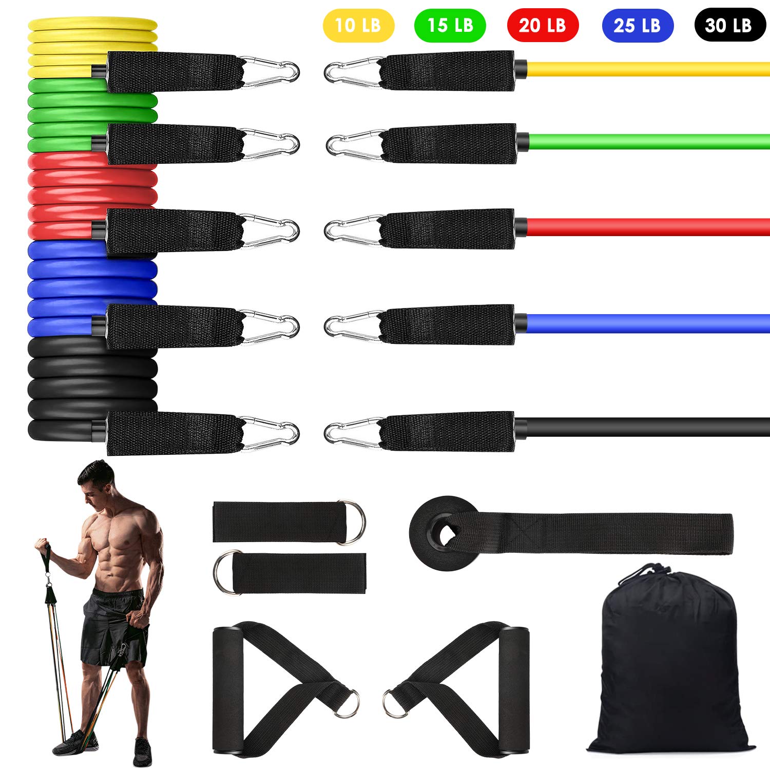 Resistance Bands Set, Exercise Bands with Handles, Workout Bands with Door Anchor, Carry Bag, Legs Ankle Straps for Resistance Training, Physical Therapy Fitness Bands Home Gym Equipment for Women Men
