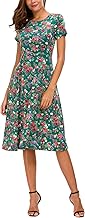 EXCHIC Femmes Fleurs Imprimé Manche Courte Midi Robe Col Rond Longueur Genou Taille Haute Elastique Robe
